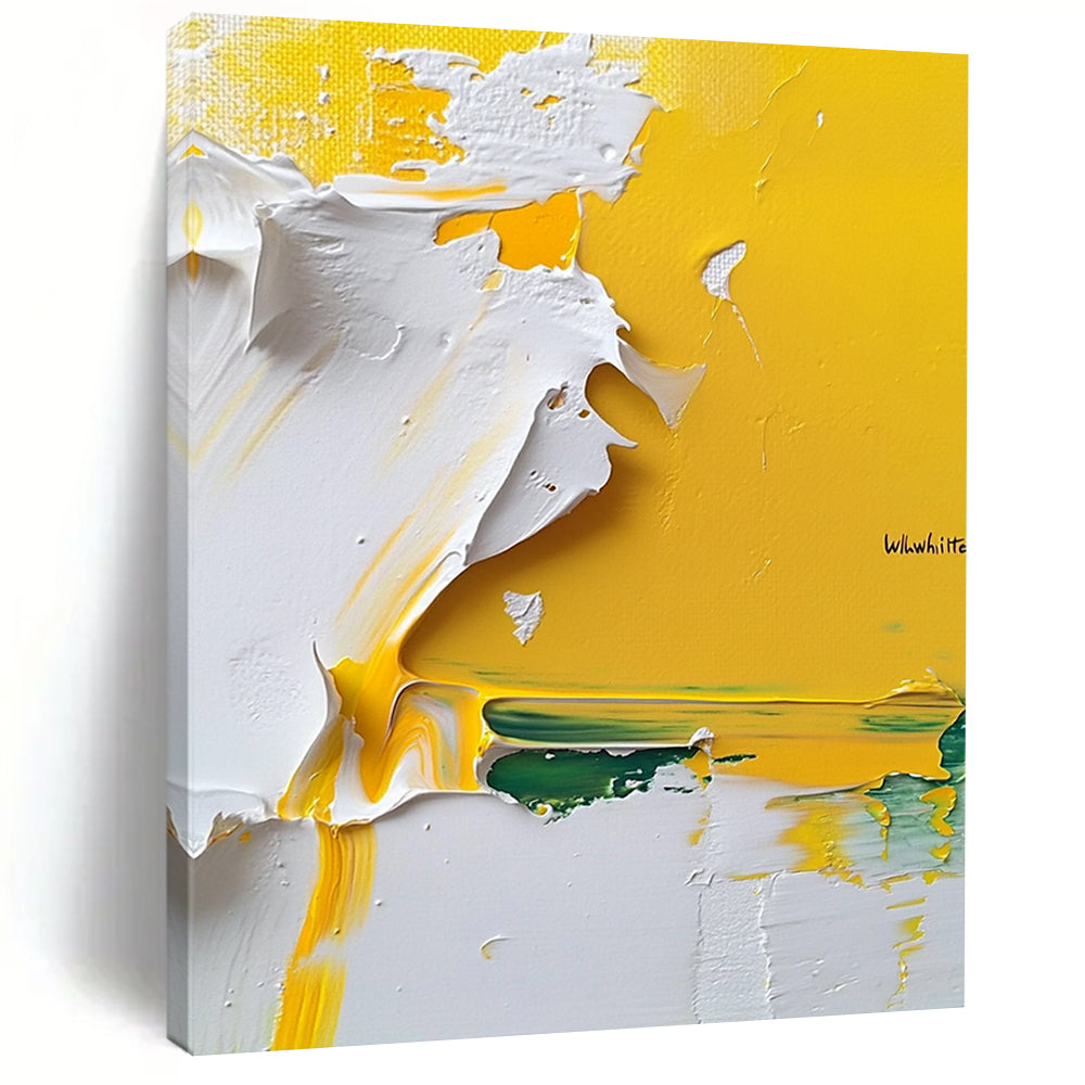 Contemporary hand-painted abstract artwork features vibrant yellow and white textures on a pure white background showcasing intricate impasto techniques. DLZ1185