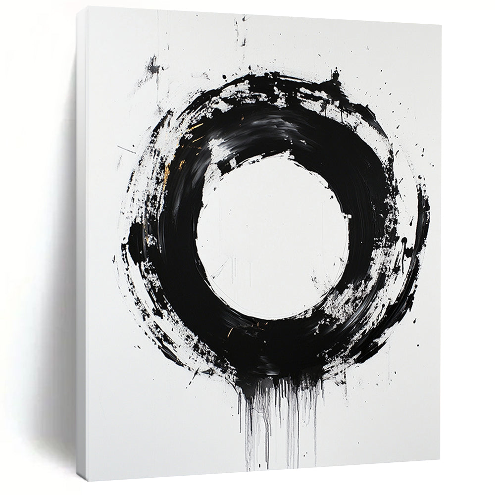 White, Black and Gold Abstract Circle "Dynamic Enso" Painting On Canvas HB366