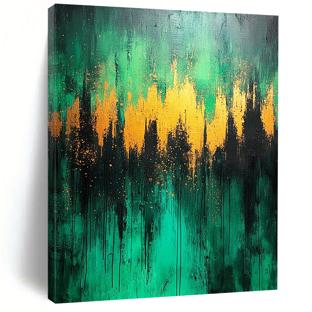 Contemporary abstract artwork featuring a lush green forest with light blue and gold accents on a textured canvas. DLZ0391
