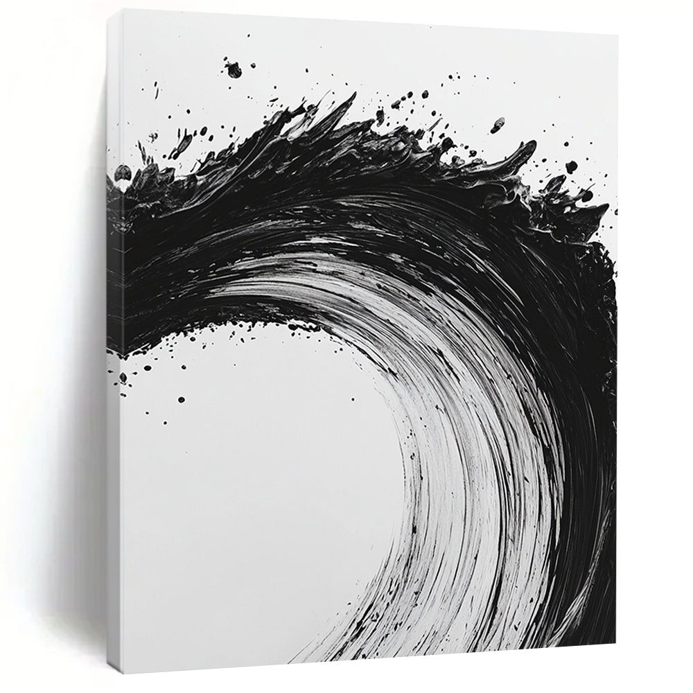 Black and White Dynamic Wave "Energetic Surge" Painting On Canvas HB282