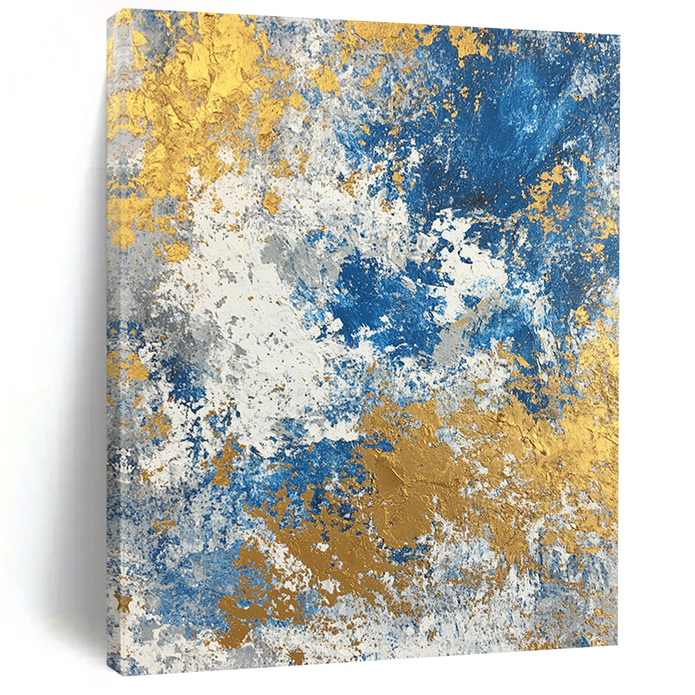 Large contemporary abstract painting featuring a textured blend of blue gold beige white and silver colors. Perfect for modern decor. DLZ0339