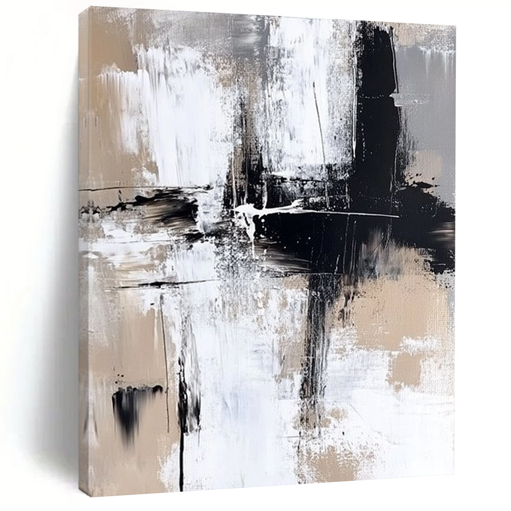 Contemporary hand-painted abstract art featuring bold brush strokes in neutral tones and striking paint splashes for a modern aesthetic. DLZ0306