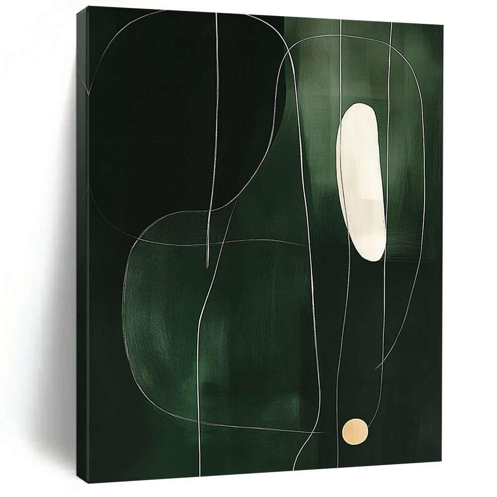 Contemporary abstract art featuring minimalist shapes on dark green, accented by a thin white line and a single light yellow circle. DLZ1606