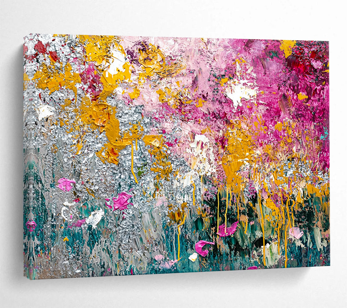 “Textured Floral Abstract” - Yellow, Pink, Silver, Green with Thick Textures - Painting On Canvas HB1379