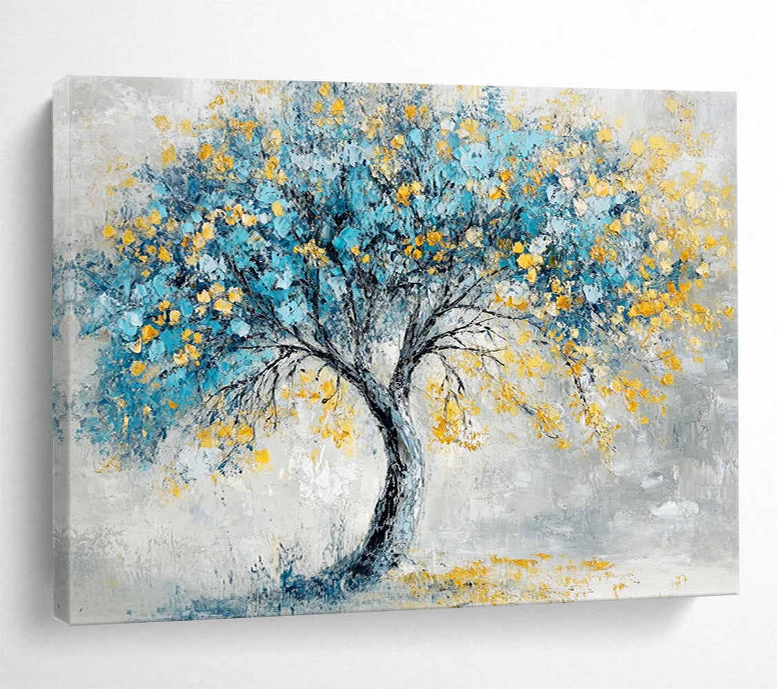 “Blue - Yellow Tree” - Gray background, blue foliage, yellow blossoms, Textured Tree Painting On Canvas HB0589