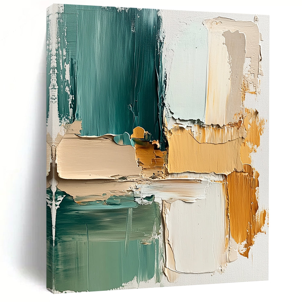 Contemporary abstract painting showcasing thick brush strokes in beige and teal with soft splashes and layers of cream green and yellow on textured canvas. DLZ1080
