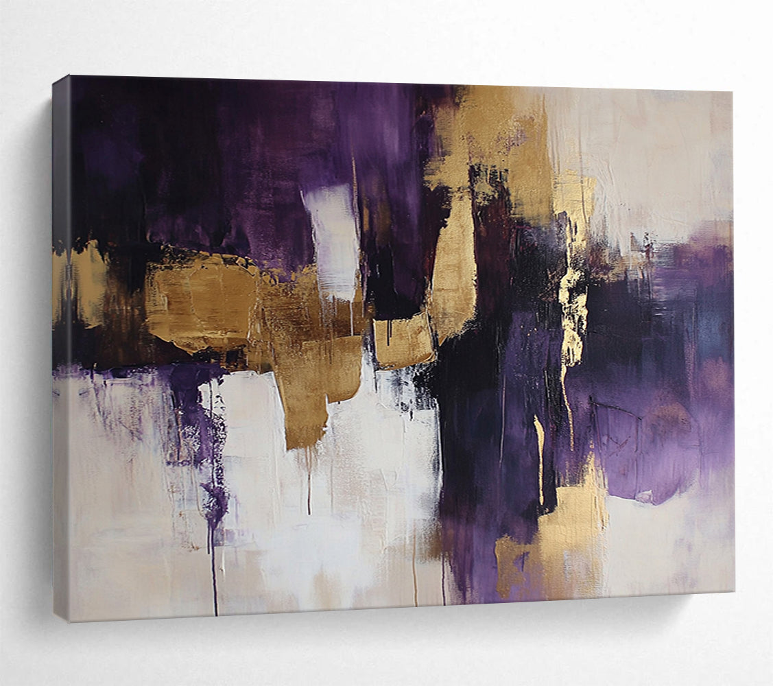 “Purple and Gold Abstract Fusion” - Purple, gold, white, black; Dynamic abstract color blocks and drips; Acrylic Painting On Canvas HB1216