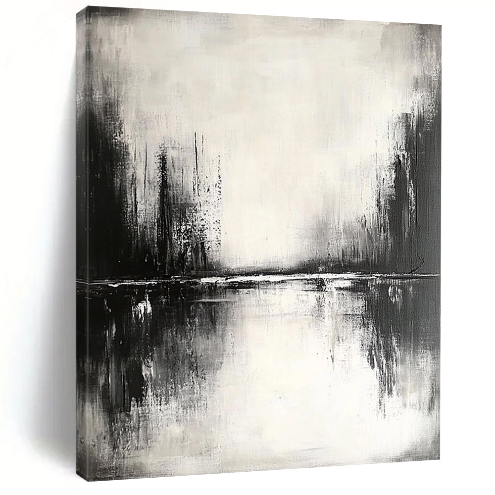 Contemporary abstract painting featuring tranquil reflections on water with muted tones and soft edges creating a serene atmosphere. DLZ0308
