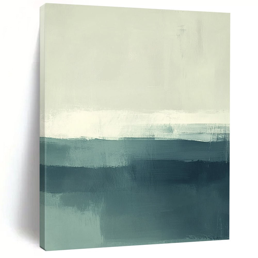 Contemporary hand-painted abstract artwork of the sea featuring soft muted teal and green tones with white accents. Perfect for modern spaces. DLZ0431