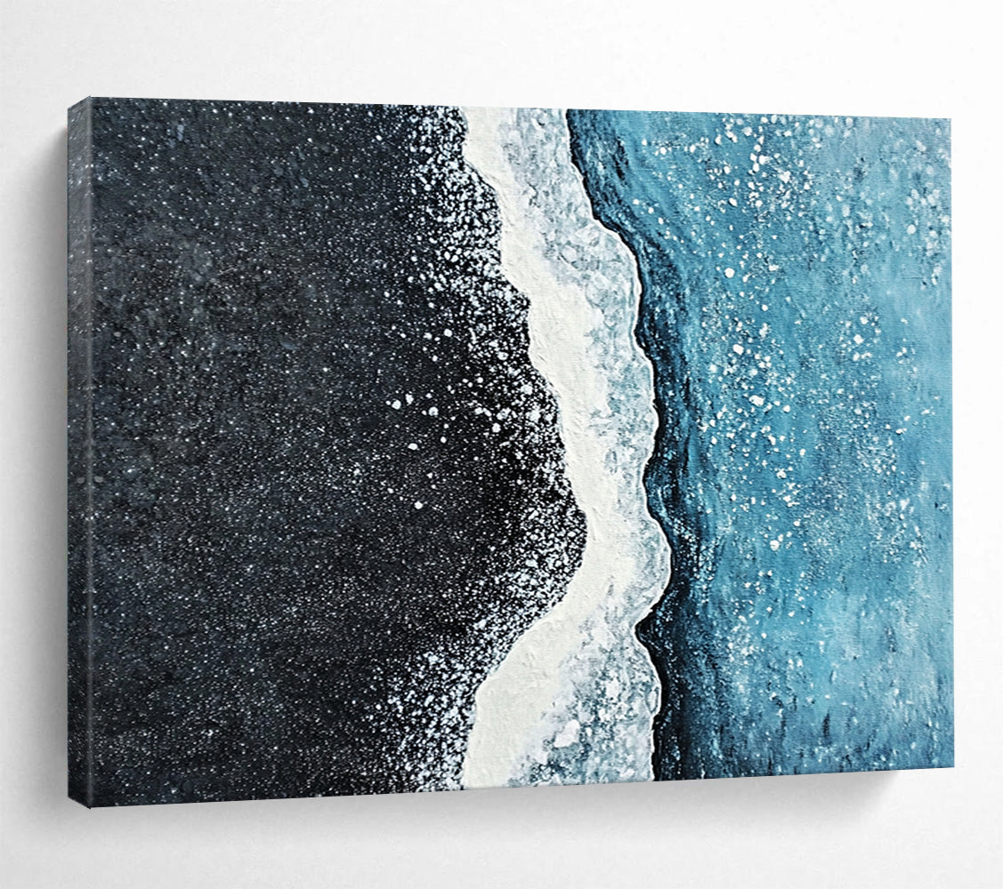 Black Beach with White Foam and Blue Sea - Coastal Abstract Painting On Canvas HB0486