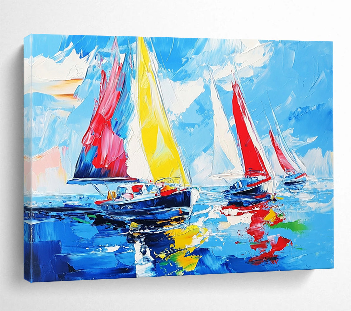 “Colorful Sailboat Race” - Bright Yellows, Reds, Blues, Sailboats on the Sea - Impasto Oil Painting HB1732
