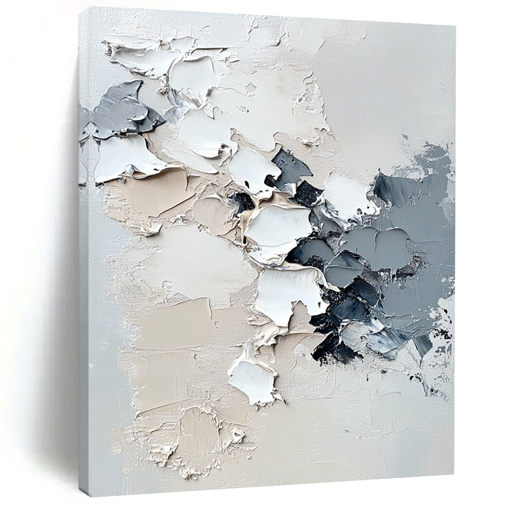 Contemporary hand-painted abstract artwork featuring melting snowflakes, impasto texture, and a serene white background in neutral tones. DLZ0629