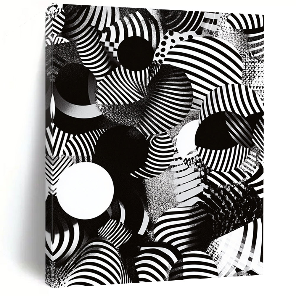 Black, White, Striped Spheres "Optical Illusion Spheres" Abstract Op - Art Painting On Canvas HB174