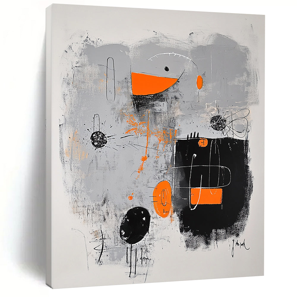 Black, Gray, Orange and White Abstract Fusion "Creative Spark" Painting On Canvas HB328