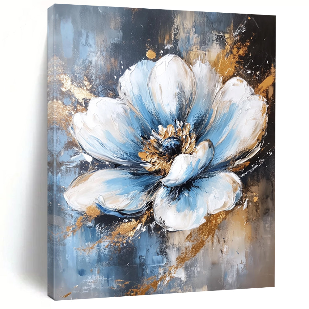 Contemporary abstract painting featuring a white and blue flower with elegant gold foil accents against a rich dark gold background. DLZ1677