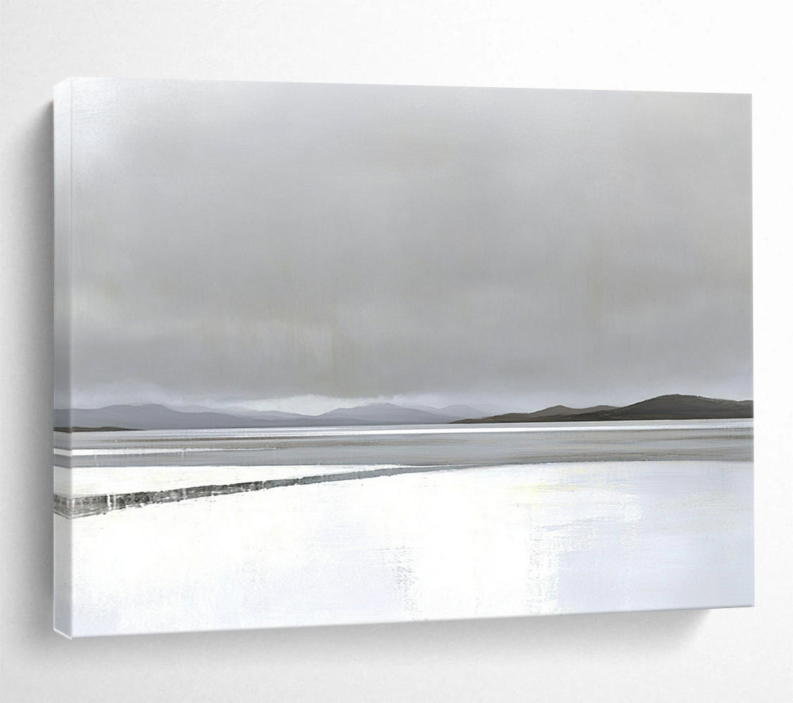 “Misty Lake Landscape” - Gray, white, blue, minimalist, Landscape Painting HB0624