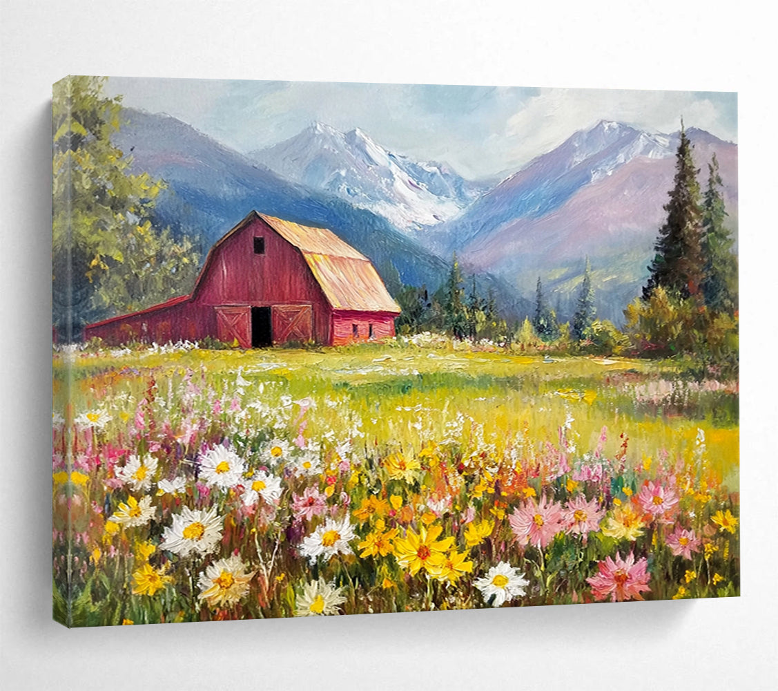 “Mountain Valley Barn” - Lush Greens, Yellows, Pinks, Barn in Flower - Filled Valley - Romantic Oil Painting HB1692
