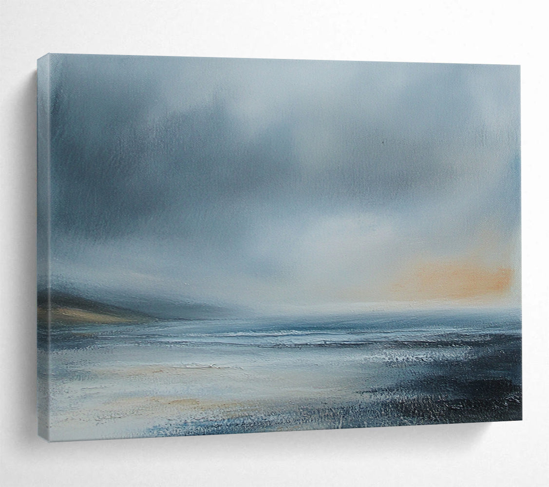 “Misty Coastal Landscape” - Gray, Blue, Subtle Orange, Atmospheric Seascape Painting On Canvas HB1008