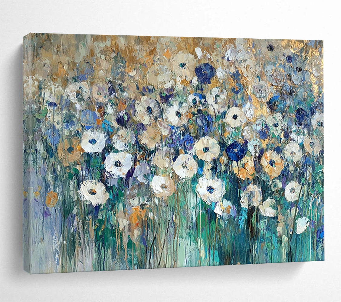 “Gilded Wildflower Field” - Gold - tipped white flowers, blue greens, Impasto Floral Painting On Canvas HB0581