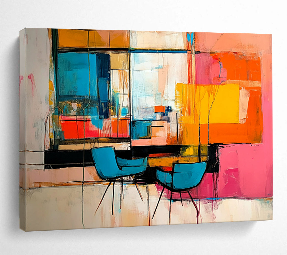 “Vibrant Interior Abstraction” - Multicolor, Abstract Interior Scene with Chairs HB1119