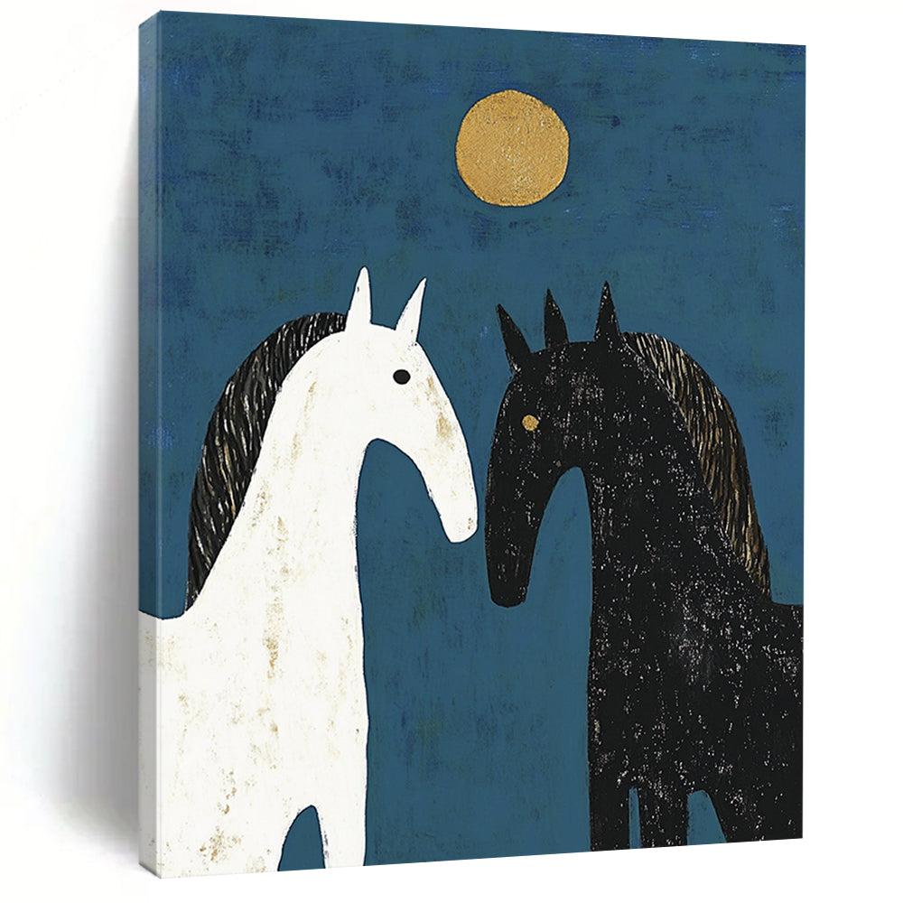 Contemporary abstract artwork featuring three horses in a symmetrical design with soft edges and delicate brushstrokes against a deep blue background. DLZ1714