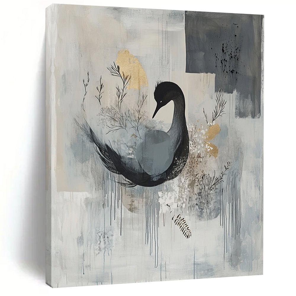Gray, Blue & Gold with Black Swan - “Elegant Avian Serenity” Painting On Canvas HB207