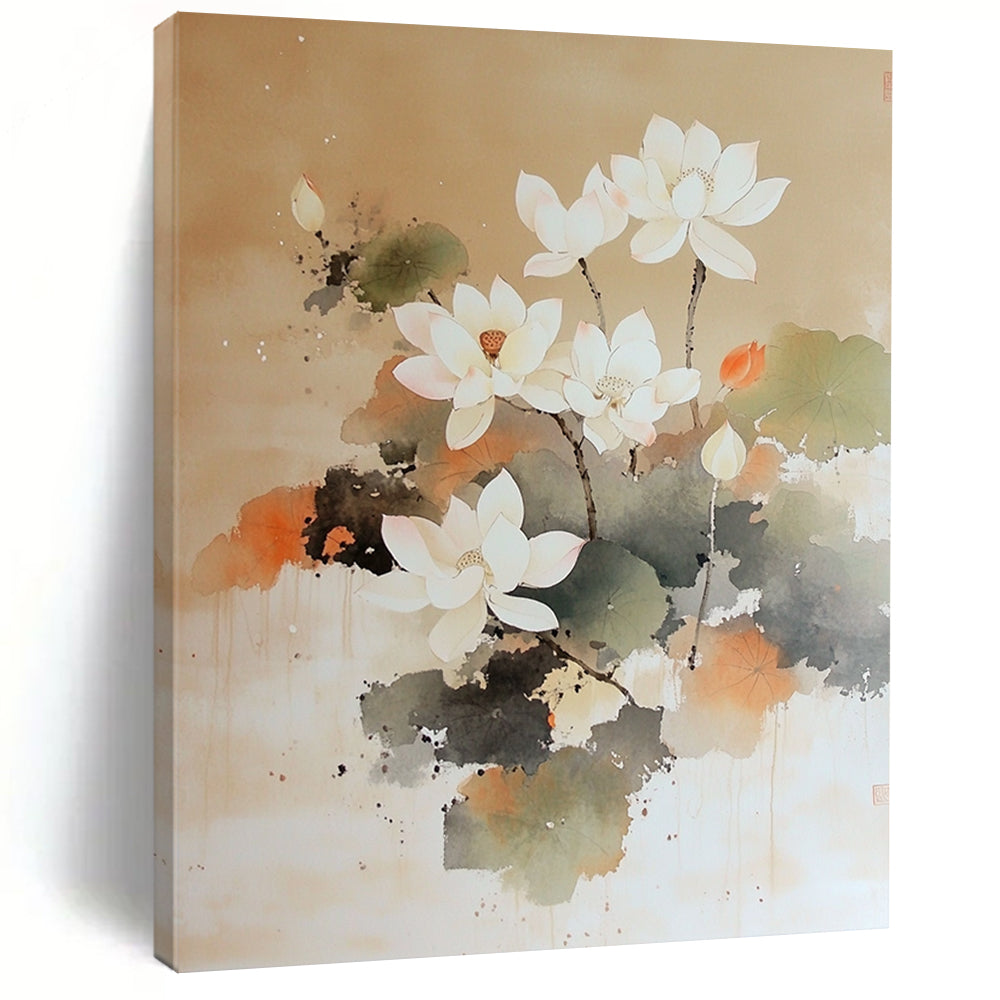Contemporary hand-painted abstract artwork featuring a white lotus tree blooming on a soft brown background with delicate brushstrokes and ethereal watercolor techniques. DLZ1415