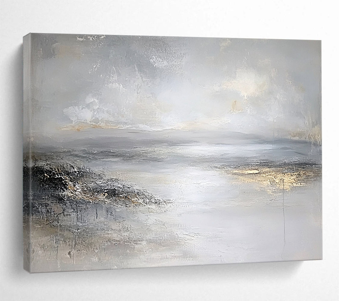 “Gray - Gold Abstract Waterscape” - Gray, Gold, Abstract Waterscape Painting On Canvas HB1111