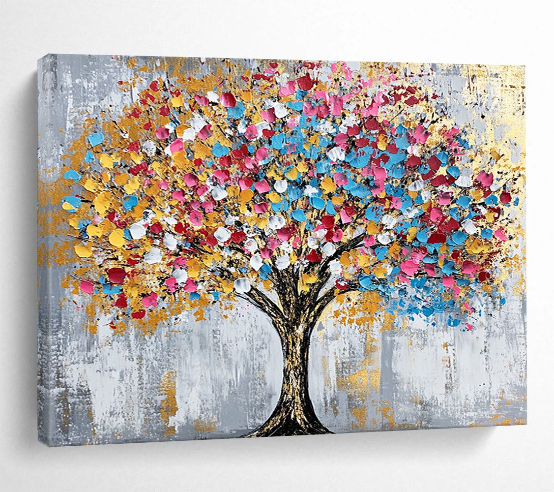 “Colorful Dot Tree” - Gray background, multicolor dots, golden accents, Abstract Tree Painting On Canvas HB0590