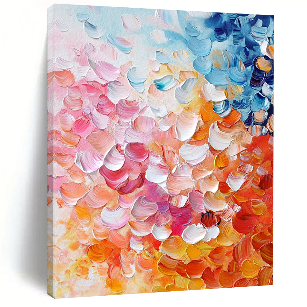 Contemporary abstract painting featuring vibrant pink, orange, and blue petals in thick impasto strokes, perfect for enhancing any modern space. DLZ0384