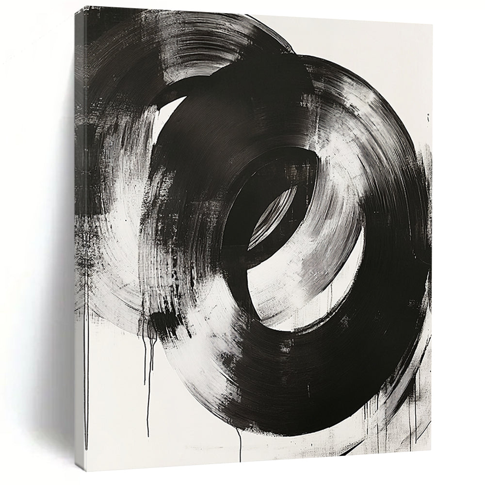 Black, White, Overlapping Circular Strokes "Ink Rings" Abstract Minimalist Painting On Canvas HB136
