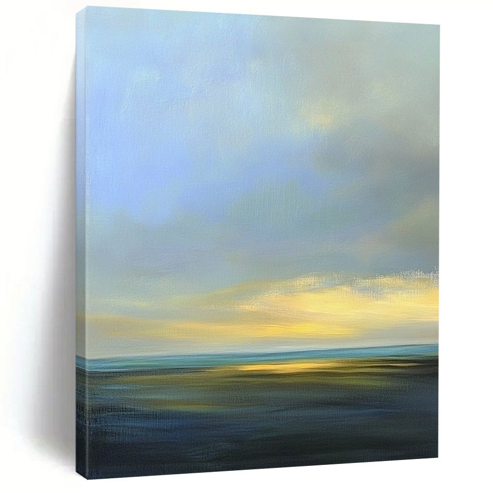Contemporary abstract artwork featuring a serene sky with soft blues and grays, accented by light yellow highlights and distant clouds. DLZ0492