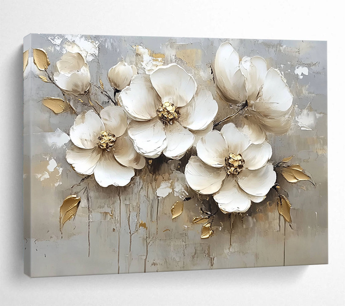 “White Flowers with Gold Accents” - White, Gold, Gray, Textured White Flowers with Gold Details - Impasto Oil Painting HB1784