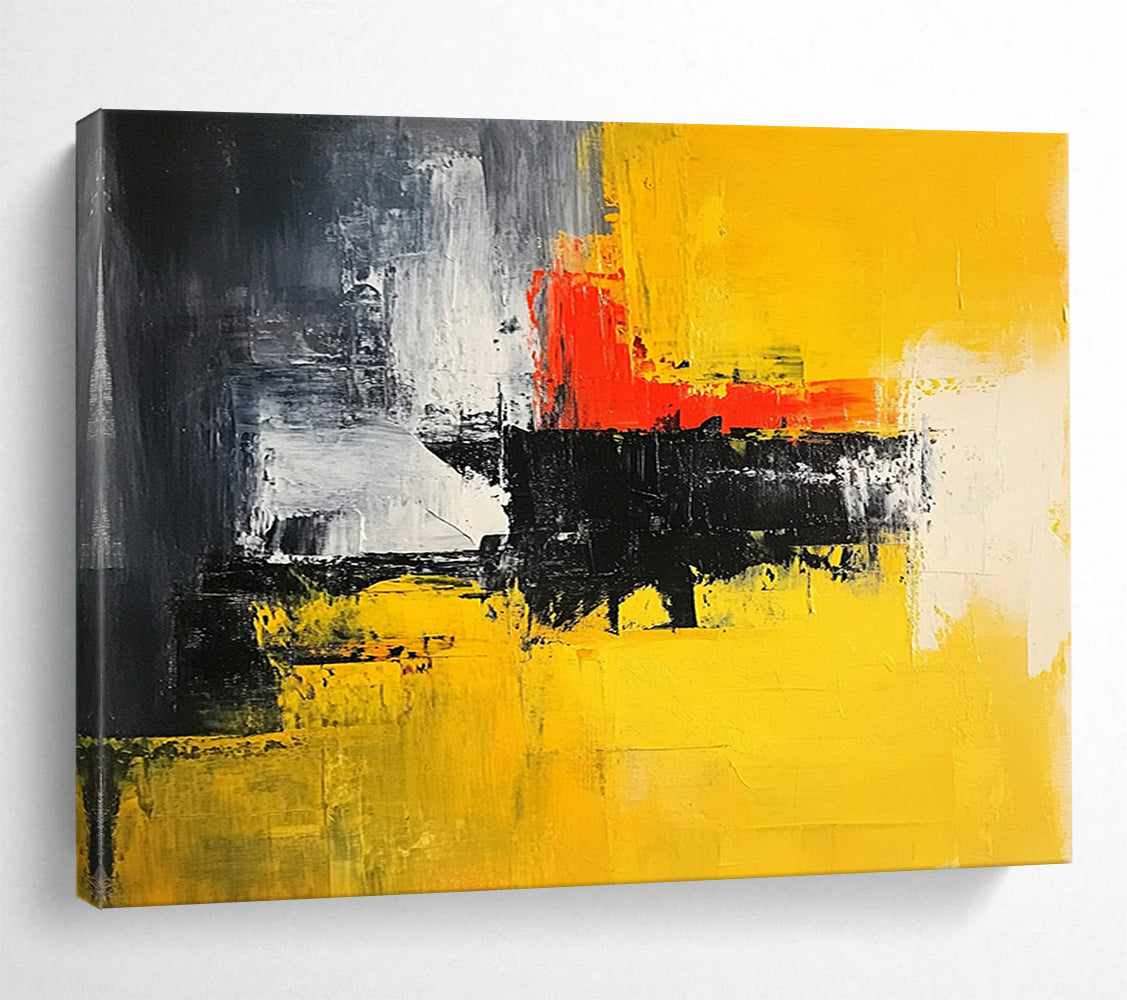 “Yellow Red Black Abstract” - Yellow, Red, Black, White, Gray, Textured Brushstrokes - Painting On Canvas HB1442