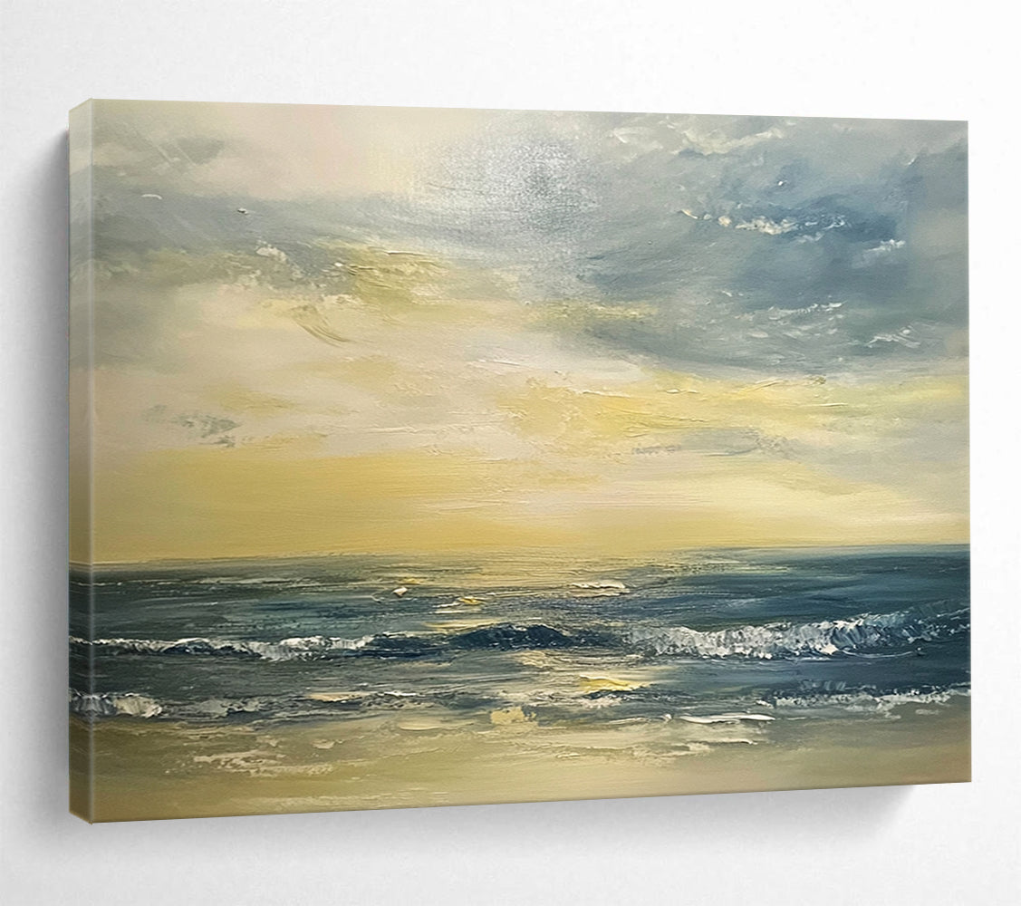 “Golden Ocean Sunset” - Yellows, Oranges, Blues, Ocean at Sunset - Palette Knife Oil Painting HB1598