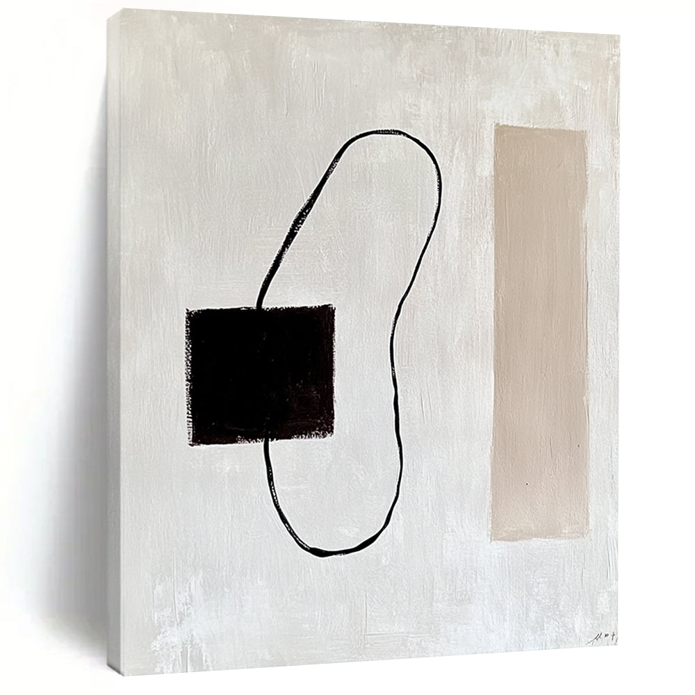 Contemporary abstract painting featuring a dark brown electrical wire on a white background with minimalist lines and a beige rectangle inspired by Matisse. DLZ1316
