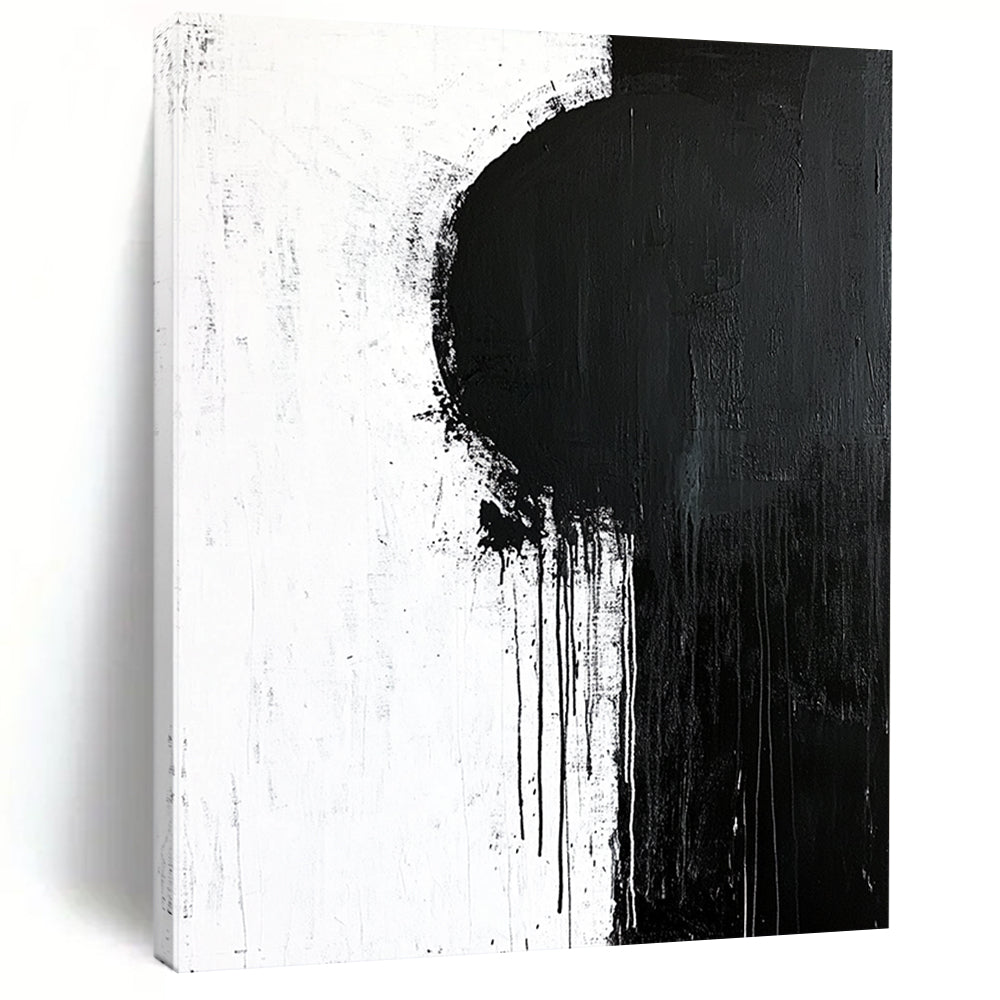 Contemporary hand-painted abstract art featuring bold brush strokes, minimalistic design, dynamic shapes, and unique paint drips on a textured canvas backdrop. DLZ0300