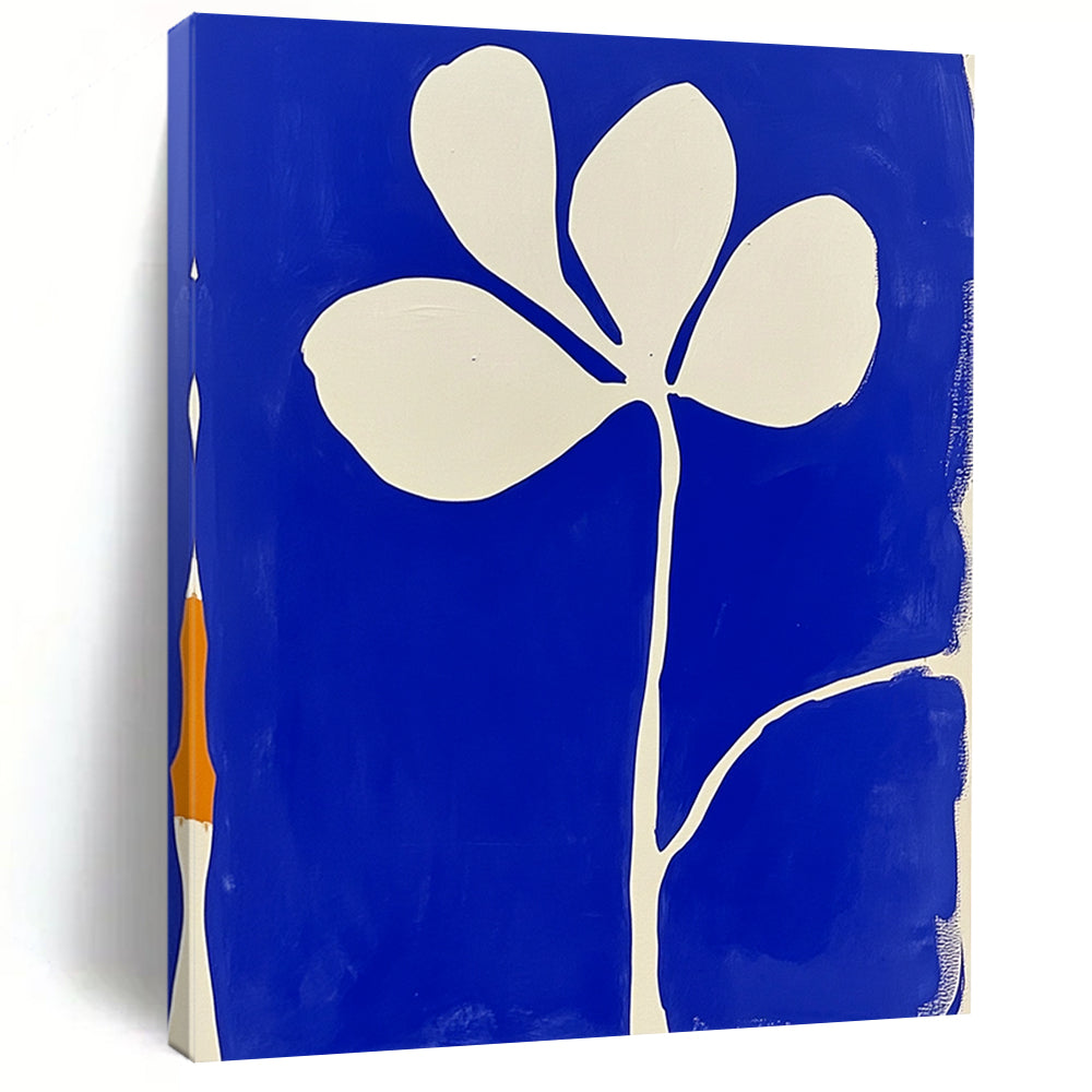 Large contemporary abstract painting featuring blue and white minimalist flower shapes in the style of Matisse with block print aesthetics. DLZ1154