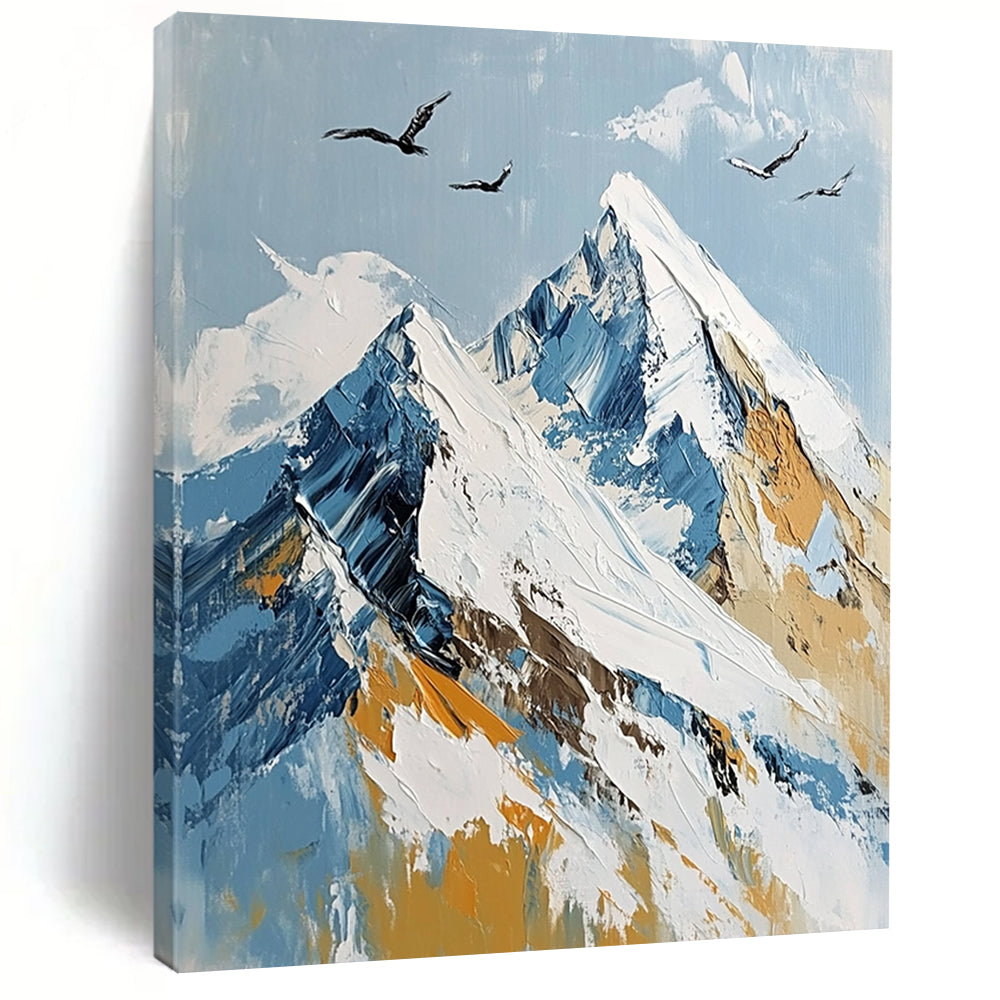 Contemporary abstract painting depicting Mount Everest's summit with flying birds, featuring a serene palette of white, blue, and gold. DLZ0493