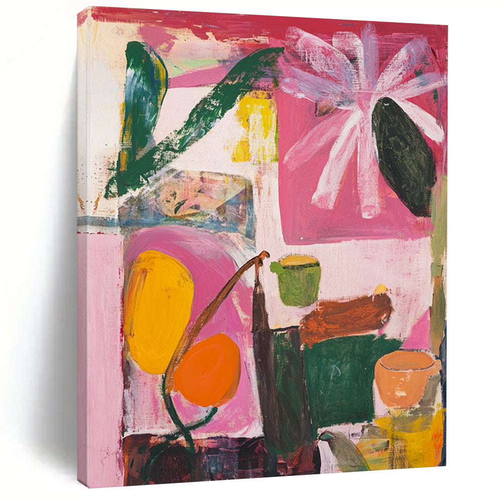 Contemporary abstract art features floral shapes in pink green and yellow against a light red background with a window and muted brown edges. DLZ0989