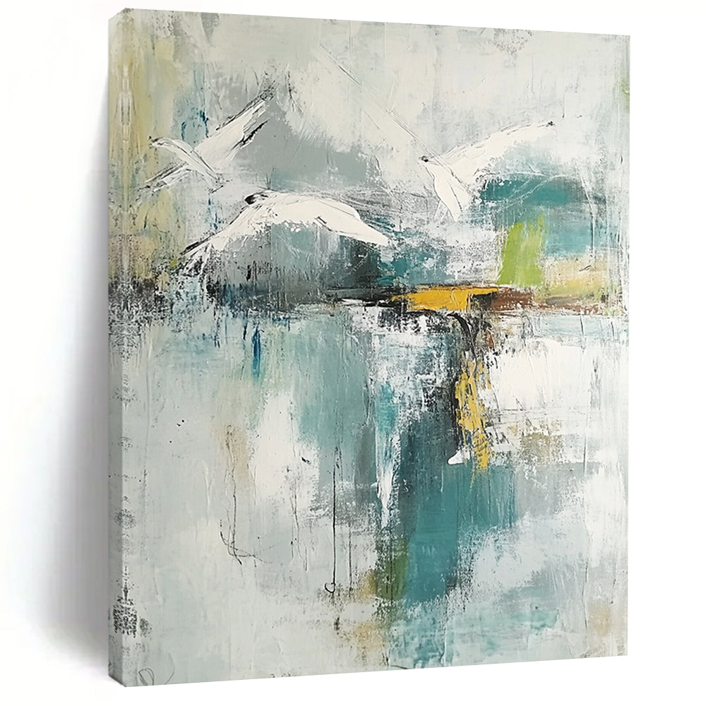 Contemporary hand-painted abstract artwork features neutral hues with teal and gold accents soft watercolors evoke birds over a lake with serene reflections. DLZ0758