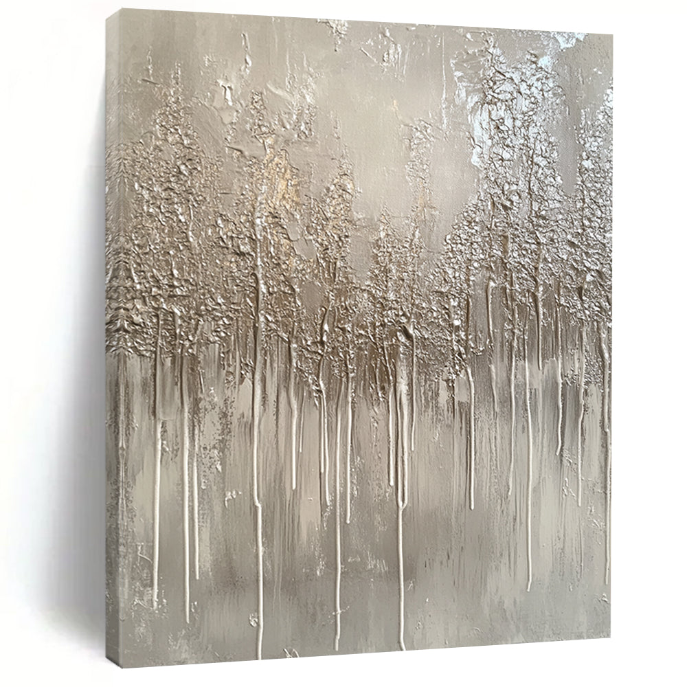 Large contemporary hand-painted abstract artwork featuring a monochromatic gray palette with drips and metallic silver accents evoking winter landscapes. DLZ1517