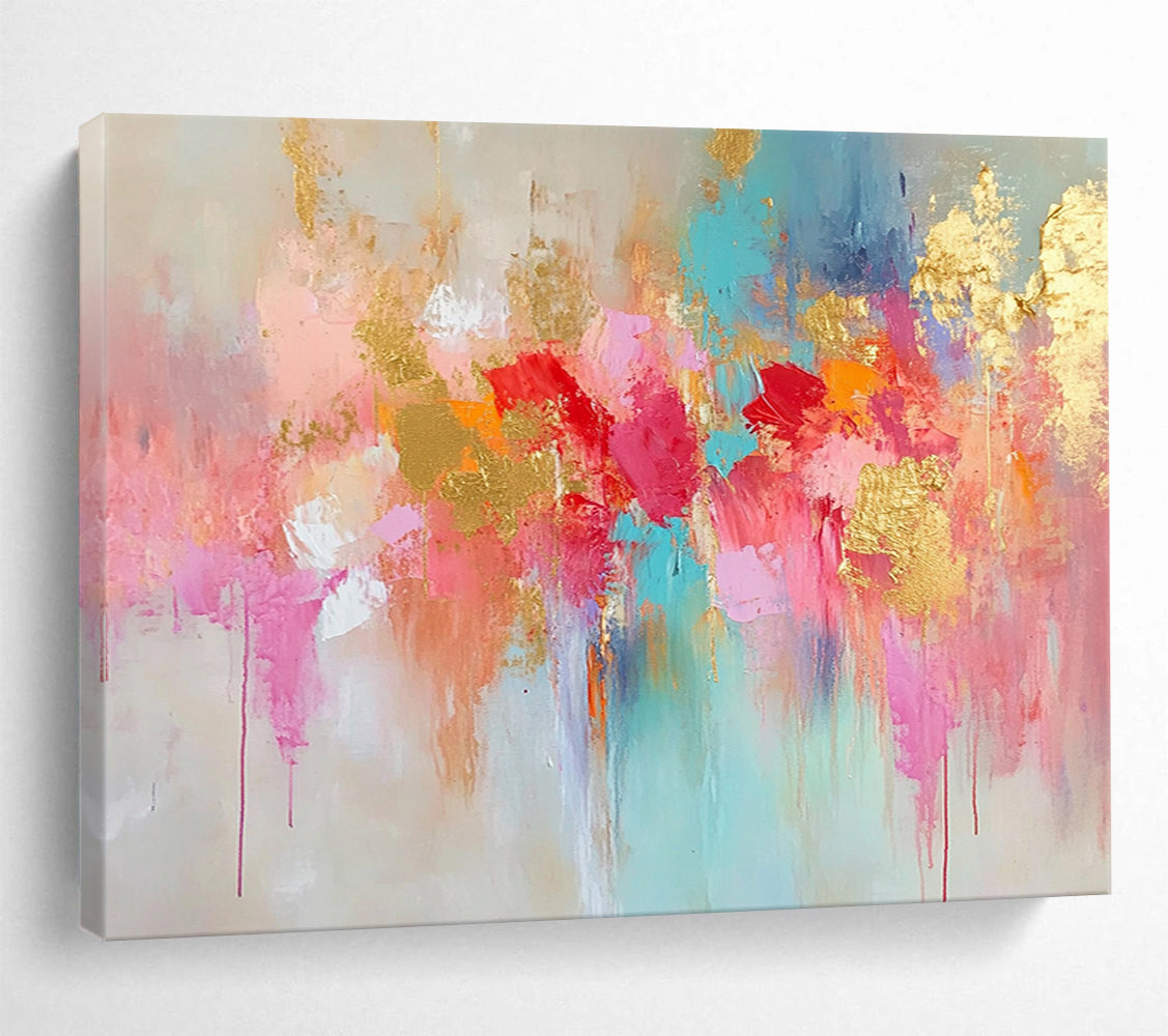 “Pink Gold Blue Abstract Drips” - Pink, gold, blue, beige; Abstract drips with gold highlights HB1290