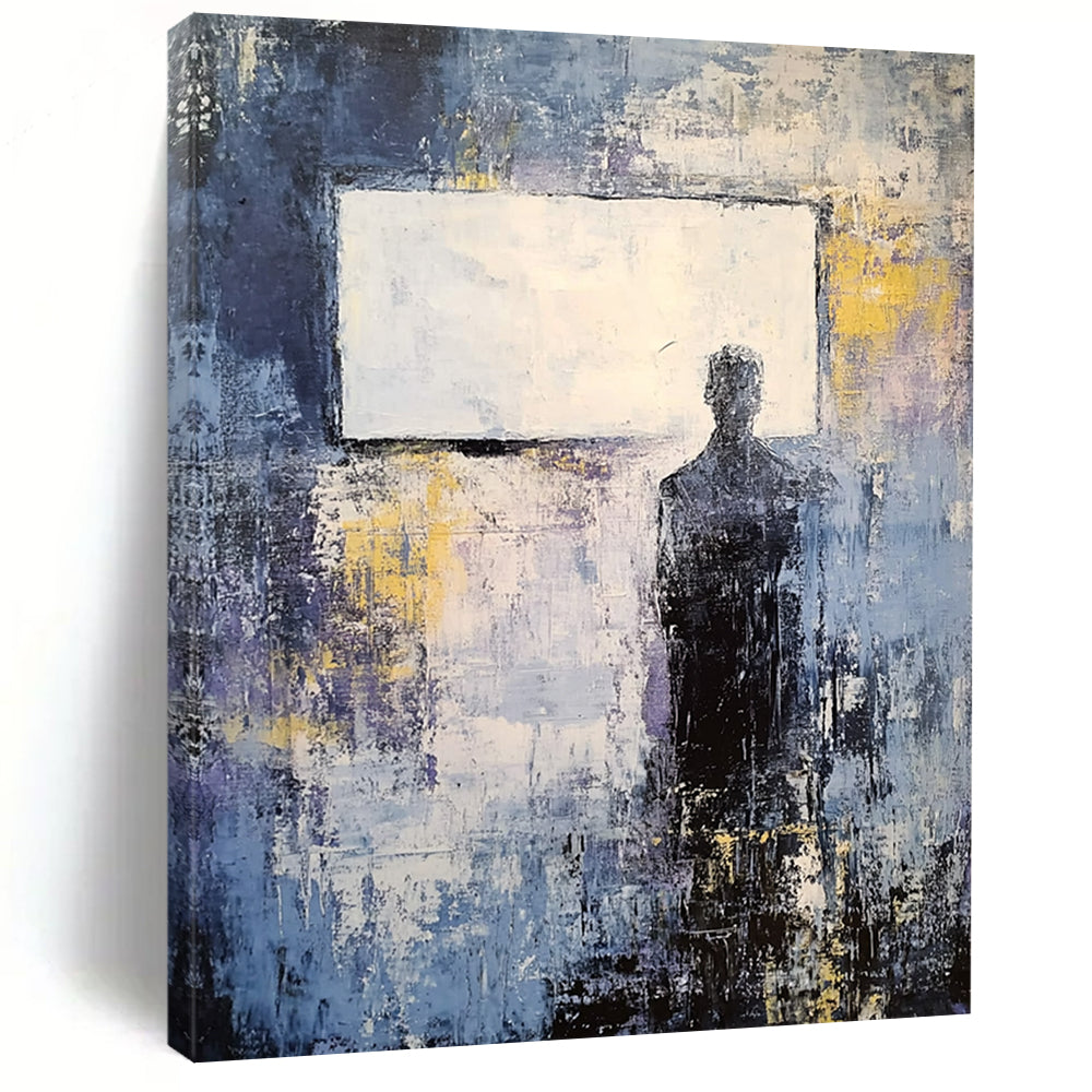 Large contemporary abstract painting featuring soft gray and blue tones with yellow accents and a vintage white rectangle on a dark grungy background. DLZ0503