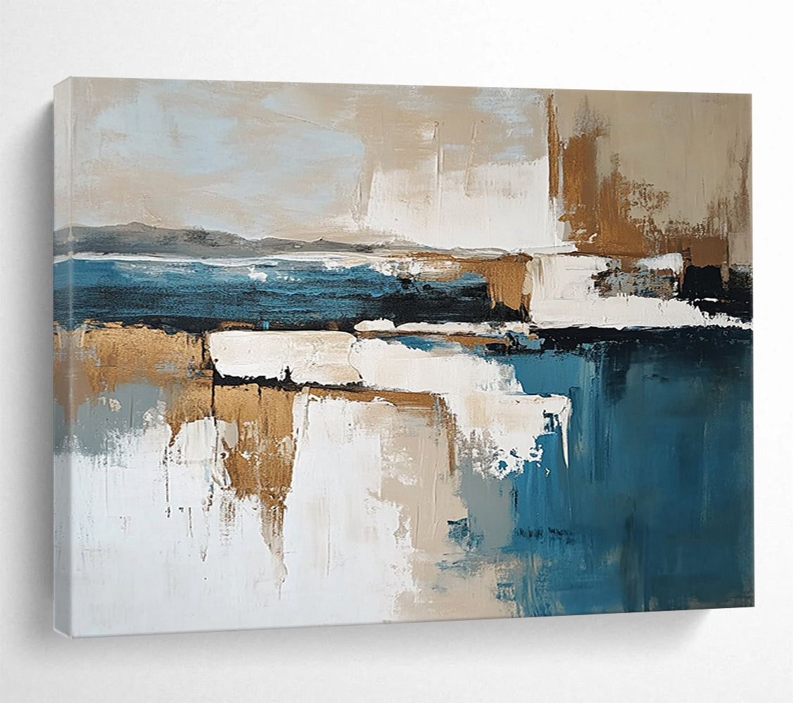 “Abstract Coastal Landscape” - Blue, Beige, White, Brown with Layered Forms - Painting On Canvas HB1384