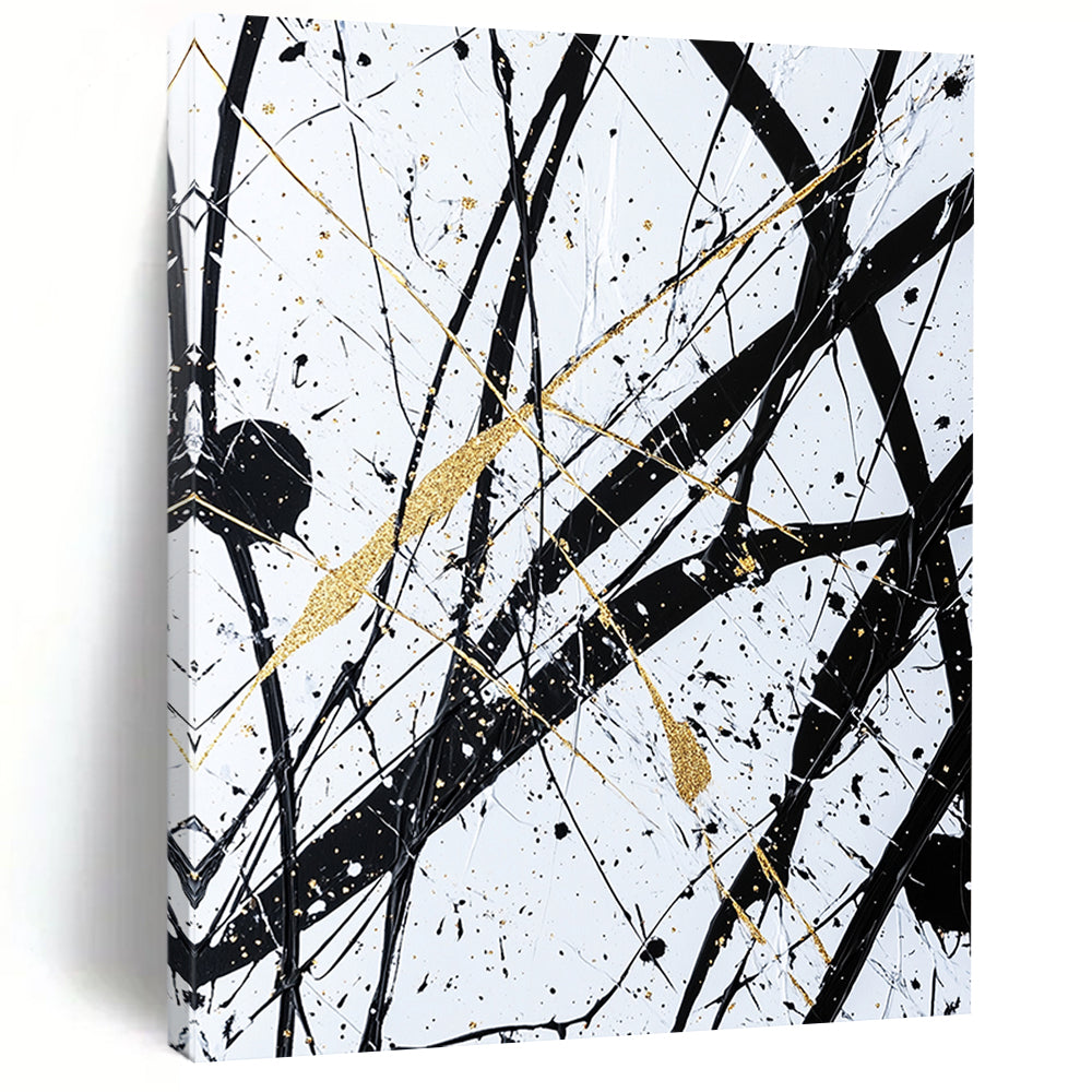 Black, White, Gold, Intertwined Lines "Gilded Chaos" Abstract Expressionist Painting On Canvas HB047