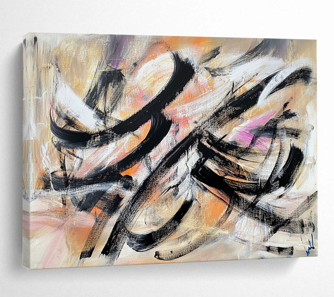“Colorful Abstract Swirls” - Black, White, Orange, Pink, Purple, Fluid Brushstrokes - Acrylic Painting HB1628