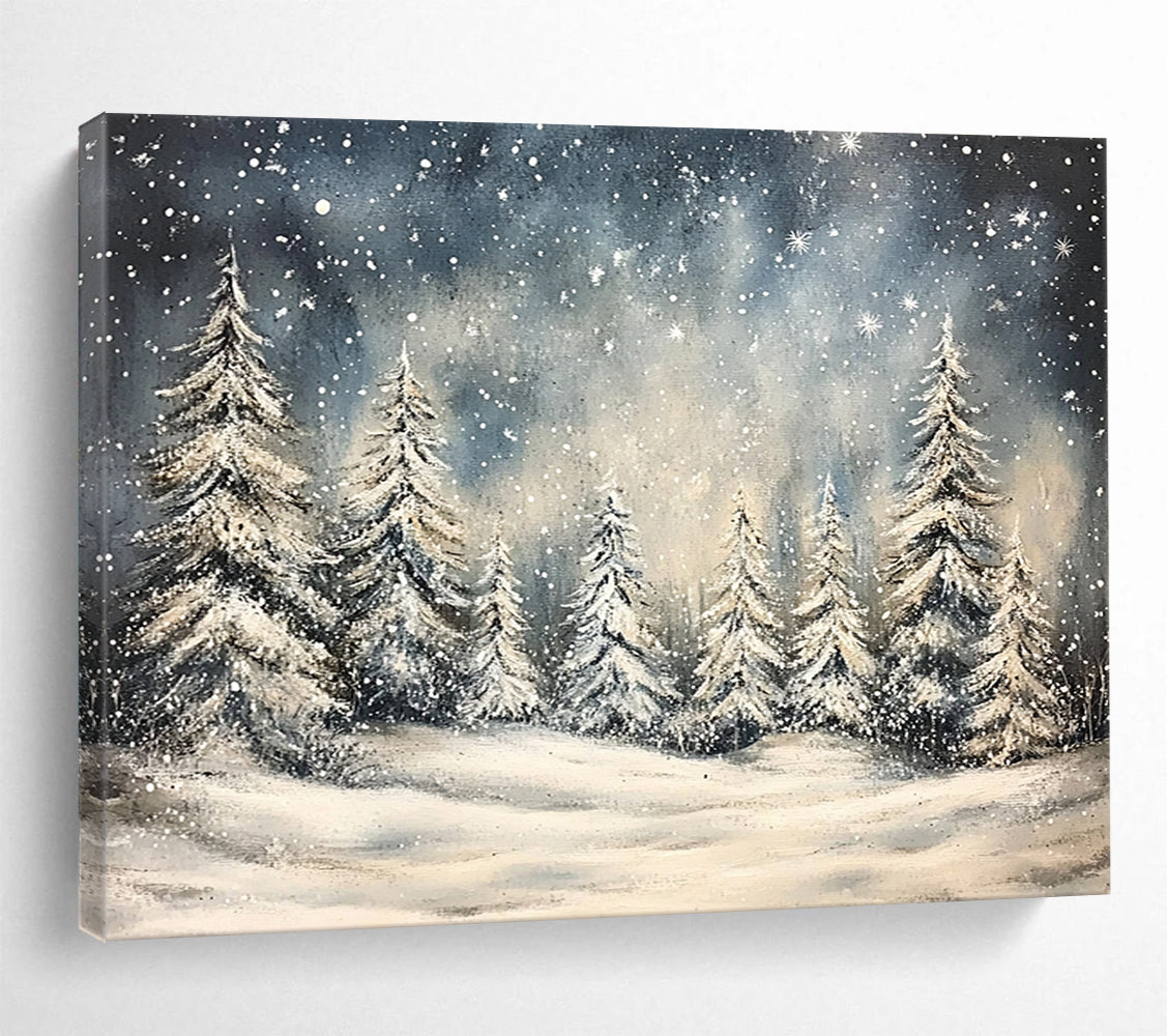 “Snowy Forest Night” - Blue, White, Snowy Trees, Landscape Painting On Canvas HB0777