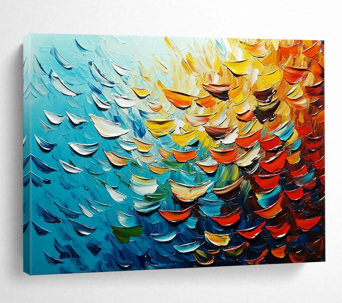 “Textured Ocean Petals” - Blue, yellow, orange, red; Petal - like thick strokes mimic ocean waves; Abstract Impasto Oil Painting On Canvas HB1168