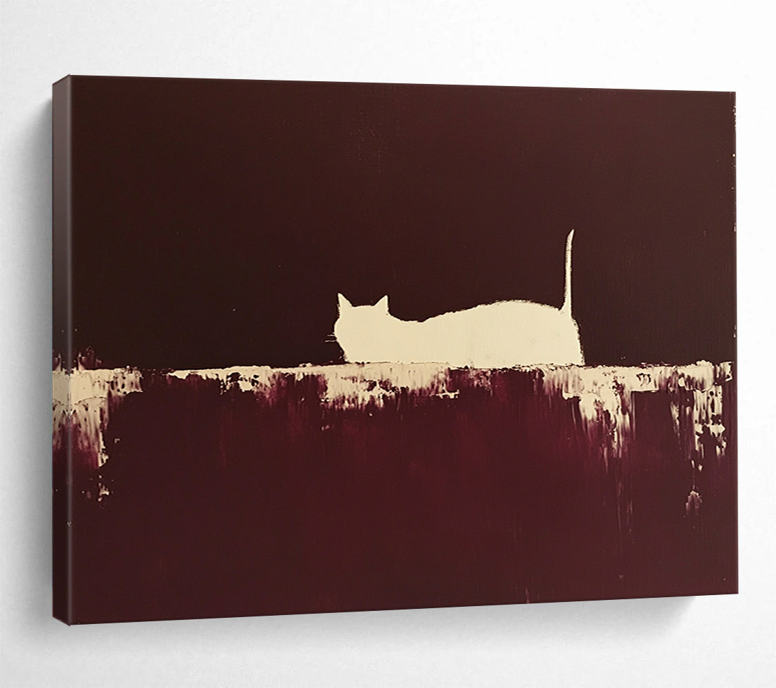 “Silhouette Cat in Brown” - Brown, White, Minimalist Cat Silhouette Painting On Canvas HB0956